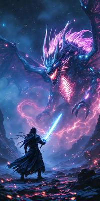 The primary subject of the image is a person holding a sword, standing in front of a large, purple, blue, and red dragon. The setting appears to be a fantasy world, with the dragon as the main object of interest. The visual style of the image is a combination of digital art and illustration, creating a vivid and engaging scene. The colors and mood of the image are predominantly purple, blue, and red, which contribute to the fantasy and magical atmosphere.